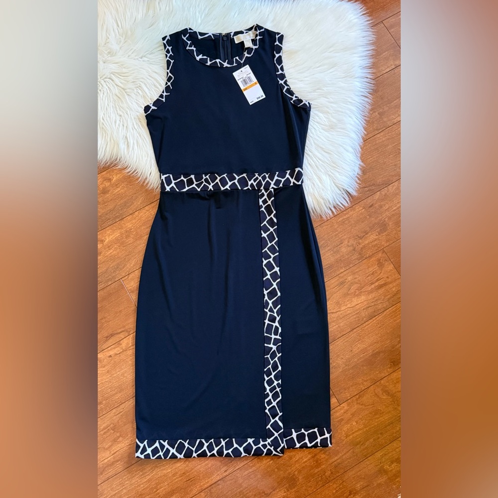 NWT Michael Kors Border Print Faux Wrap Navy Blue Sleeveless Dress-Size S